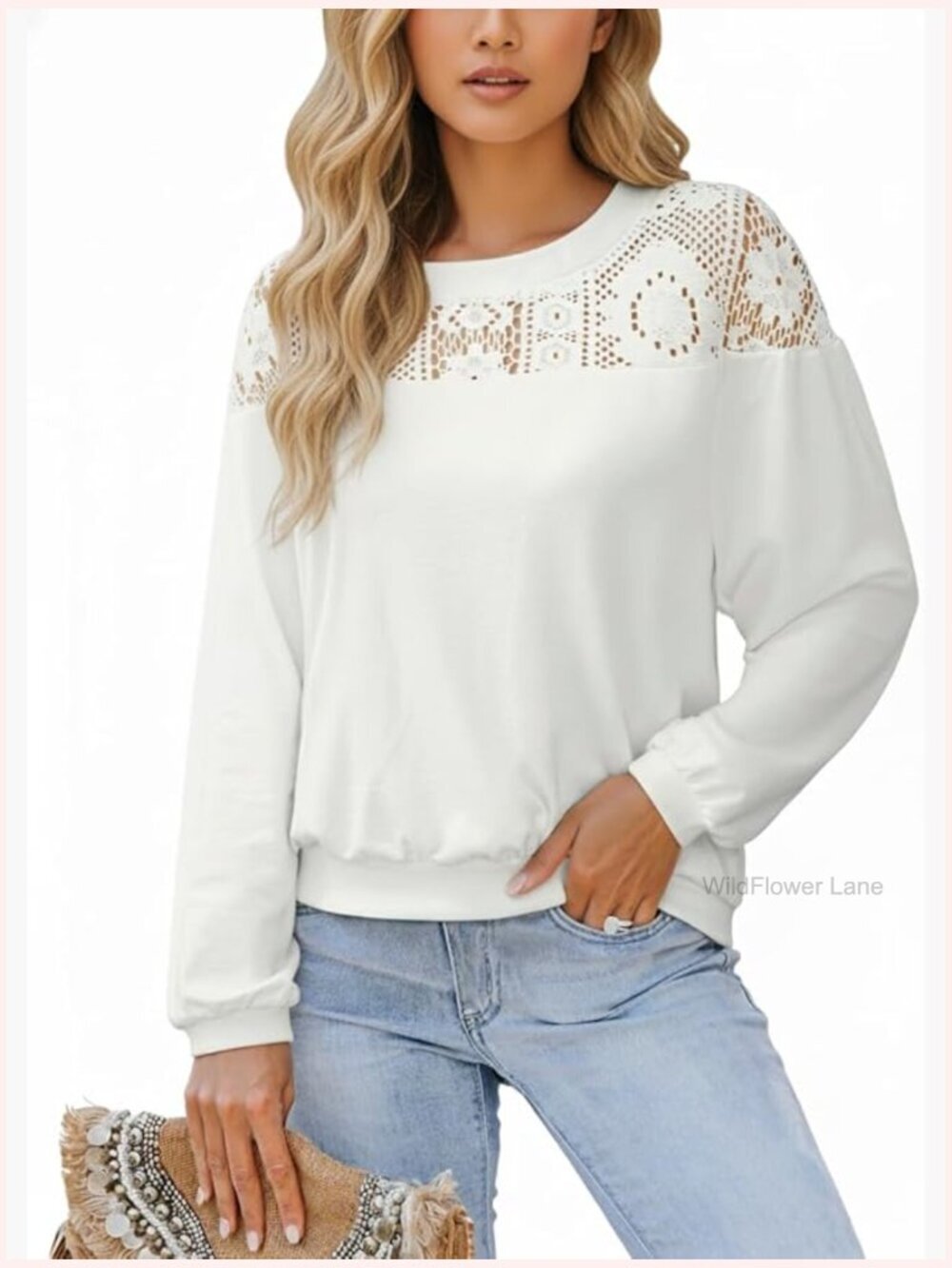 Long Sleeve Lace Tops Mesh Sheer Crew Neck Blouse Casual Going Out